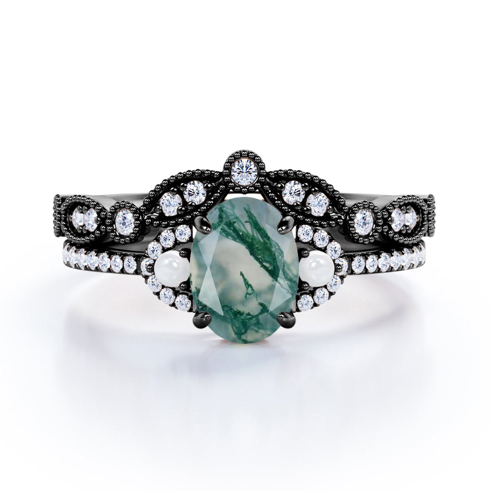 Victorian style Milgrain 1.55 carat Oval cut Moss Green Agate, diamond and pearl art nouveau Bridal set for women in Rose gold