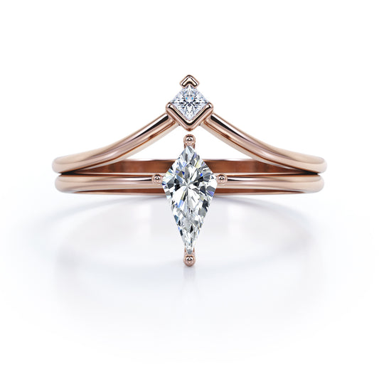 2 stone Chevron 0.55 carat Kite shaped Moissanite and diamond minimalist wedding ring set in Rose gold