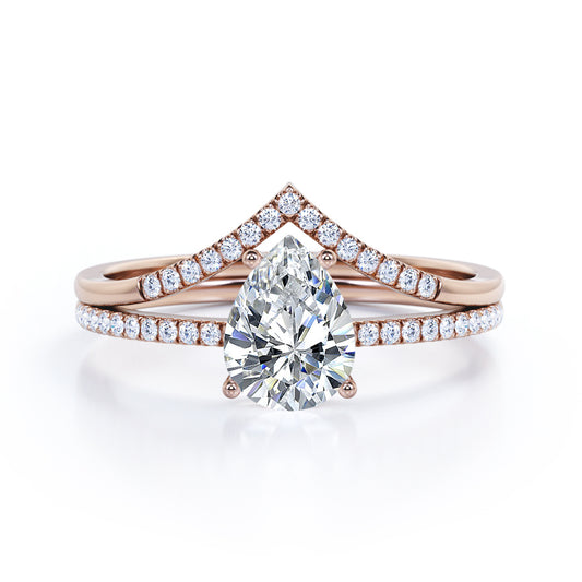 Vintage inspired 1.35 carat Pear cut Moissanite and diamond crown wedding ring set for women in rose gold