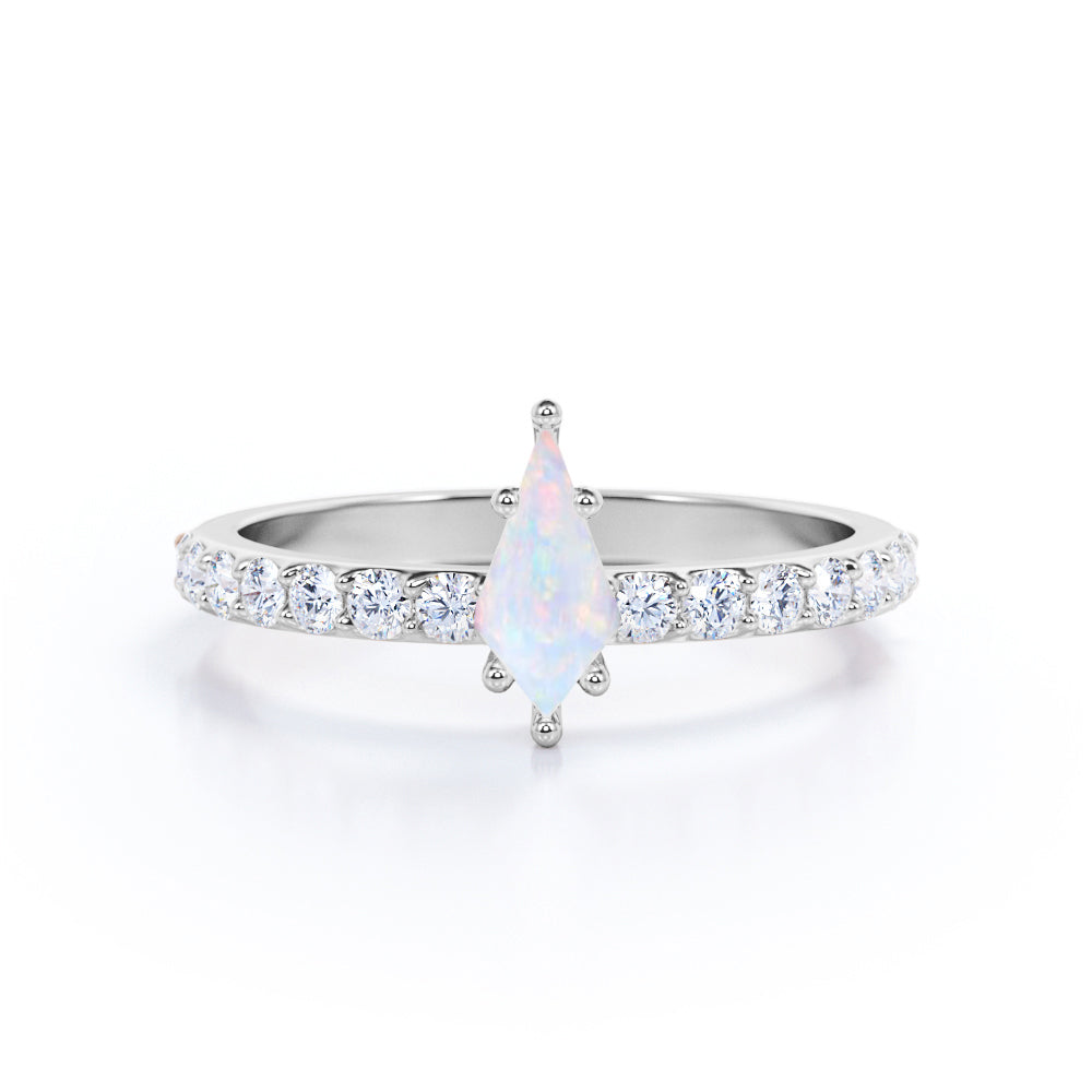 Delicate Pave set 1.15 carat Kite shape Ethiopian Opal and diamond vintage inspired engagement ring in Rose gold
