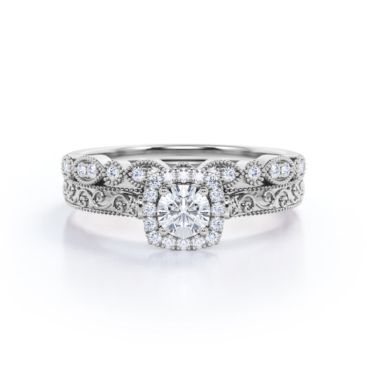 Antique Filigree 0.45 carat Round cut White diamond edwardian engagement ring and milgrain wedding band for women- Bridal set