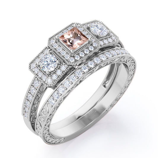 Unique Triple Halo 1.7 carat Princess cut Morganite and round diamond - Filigree and Milgrain - art deco wedding ring set in White gold