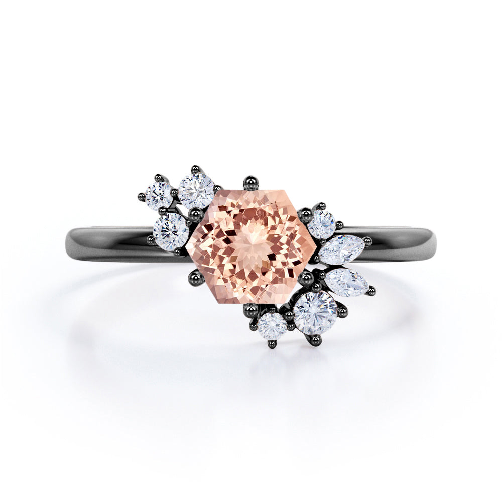 Art deco Inspired 0.65 carat Hexagon shaped Morganite and diamond flower engagement ring in White gold