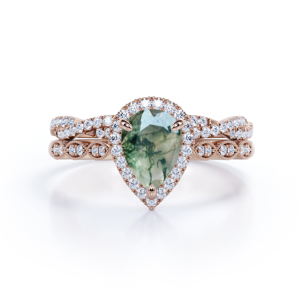 Eccentric Milgrain round 1.75 carat Pear cut Moss Green Agate and diamond Infinity Vintage Bridal ring set in White gold