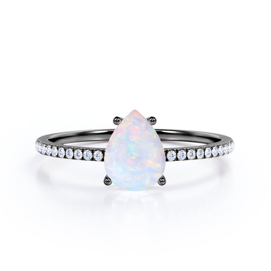 Classic Pave 1.20 carat Pear cut Opal and diamond vintage style engagement ring in Black gold