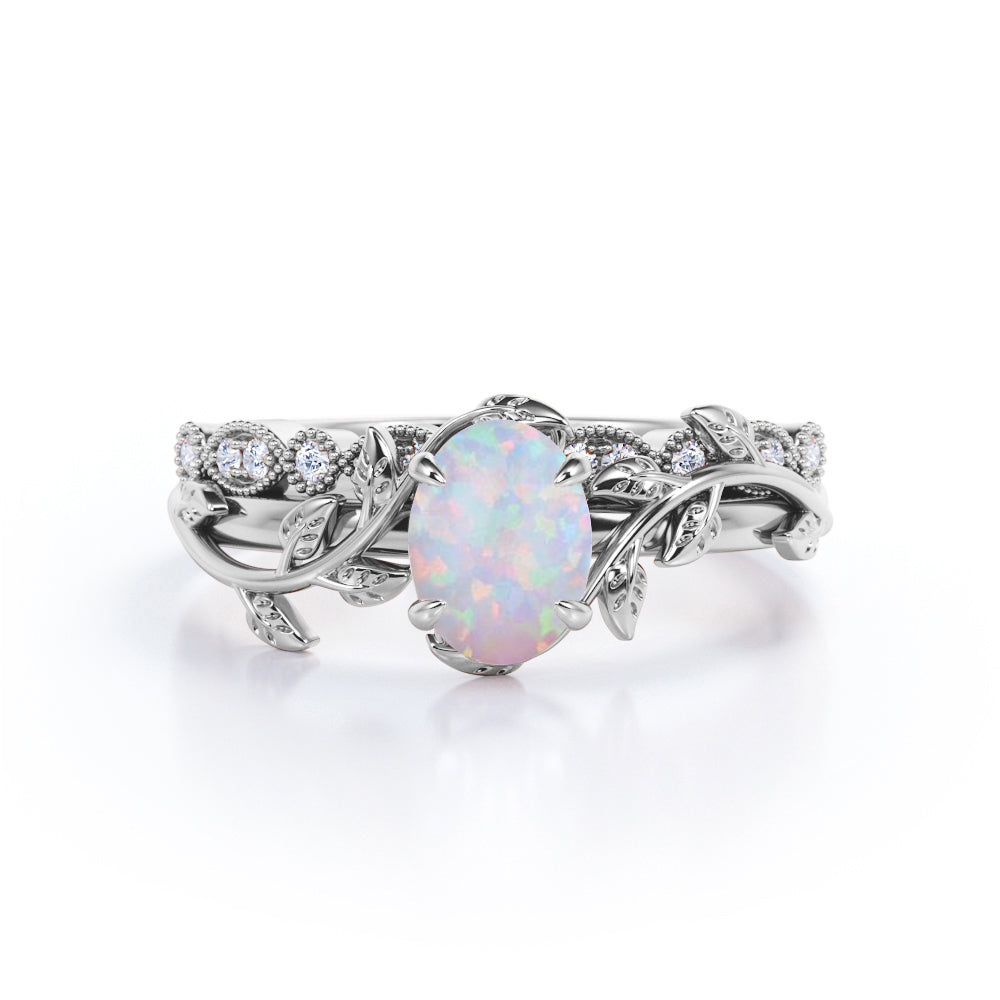 1.15 carat Nature-inspired Oval cut Ethiopian Opal and diamond Milgrain wedding ring set for women in White gold