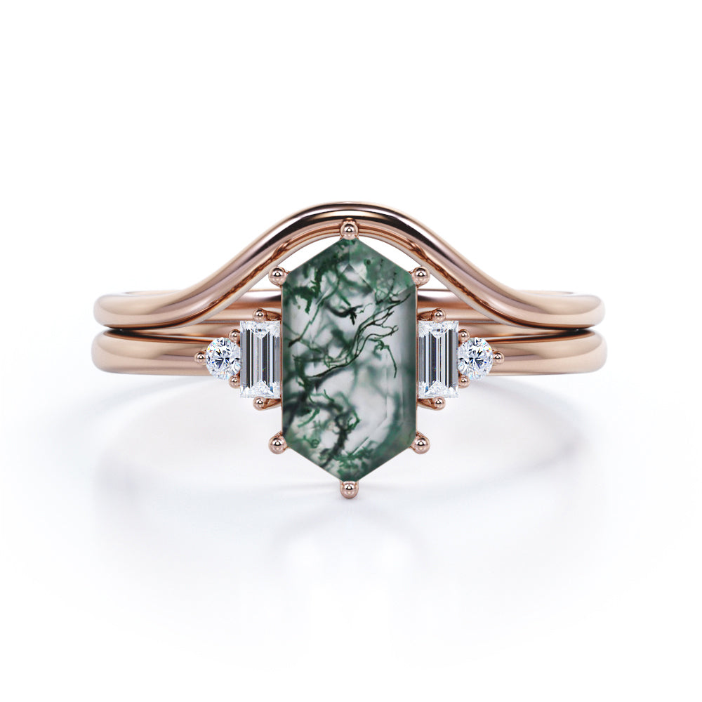 Plain Chevron Band 1.1 carat Hexagon shaped Moss Green Agate and diamond 5 stone Bridal ring set in White gold