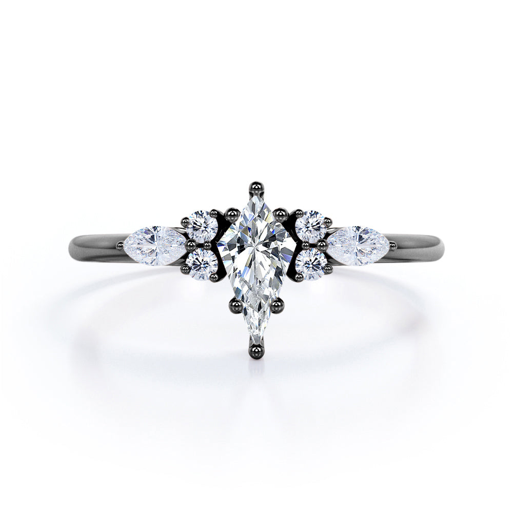 Classic seven stone 1.15 carat Kite shaped Moissanite and diamonds 6 prong setting engagement ring in White gold