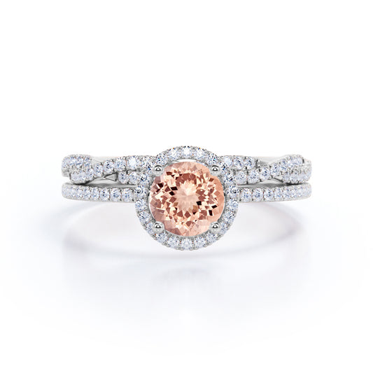 Art Deco Halo 1.65 carat Round cut Morganite and diamonds half pave infinity wedding ring set in White gold