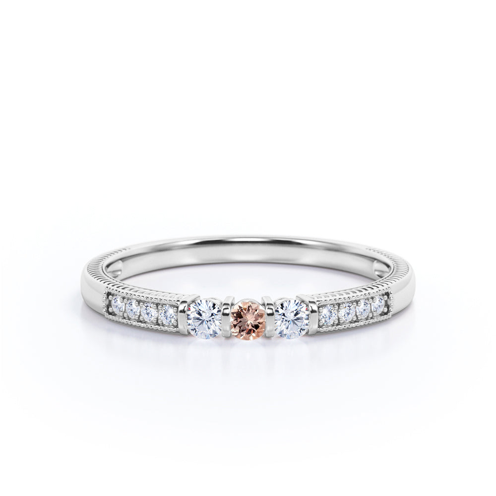 Delicate Stackable 0.5 carat Round cut Morganite and diamond art deco promise ring for women in Rose gold