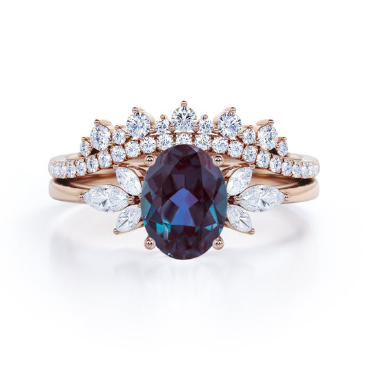 Exquisite Vintage inspired 1.5 carat Oval shaped Lab created Alexandrite and diamond chevron wedding ring set in Rose gold