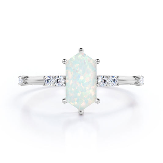 Contemporary art deco 1 carat Hexagon cut Australian Opal and diamond mid-century modern engagement ring in White gold