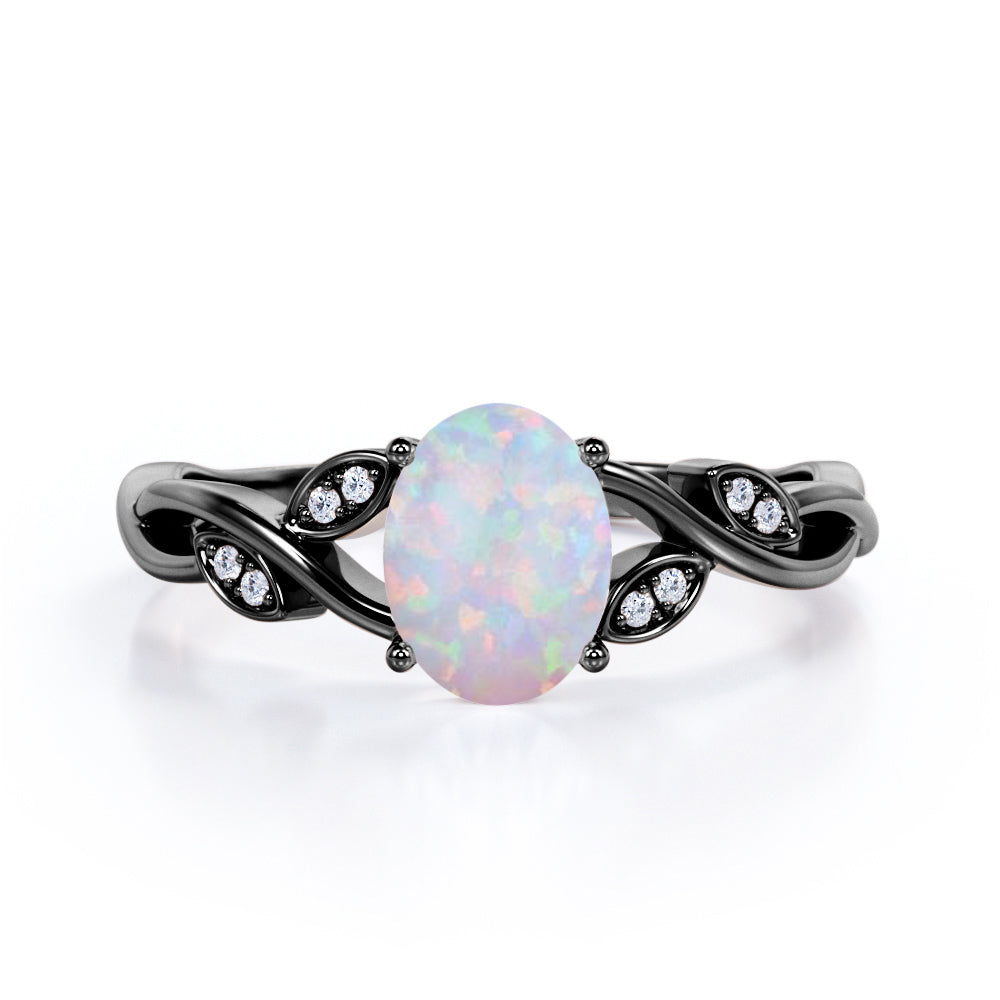 Twisted vine and leaf 1.10 carat Oval cut Opal and diamond infinity engagement ring in White gold