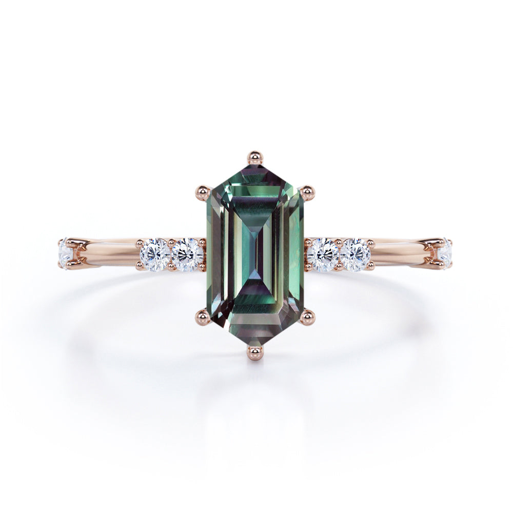 Asymmetric Prong 1.1 carat Hexagon shaped Alexandrite and diamond engagement ring for women in White gold