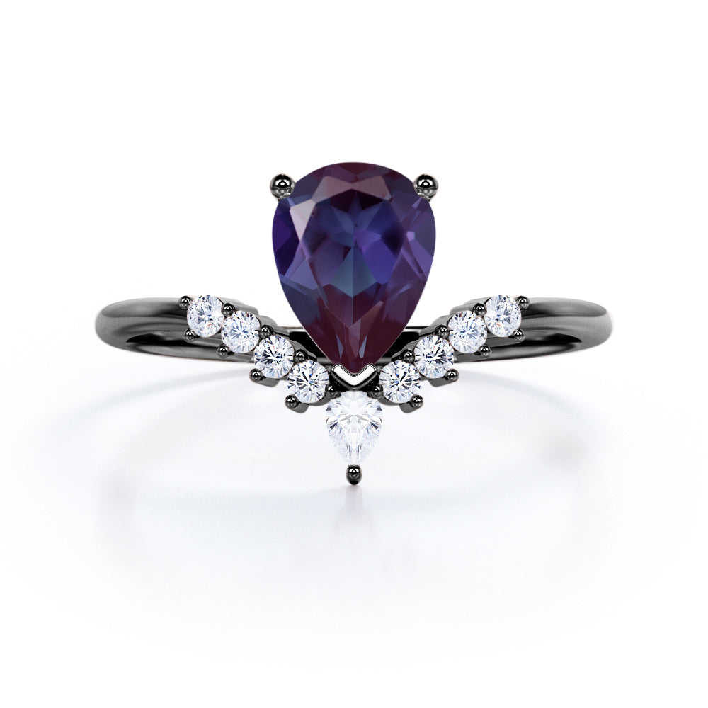 Antique V-shaped 1.1 carat Pear shaped Lab created Alexandrite and diamond engagement ring for women in Rose gold