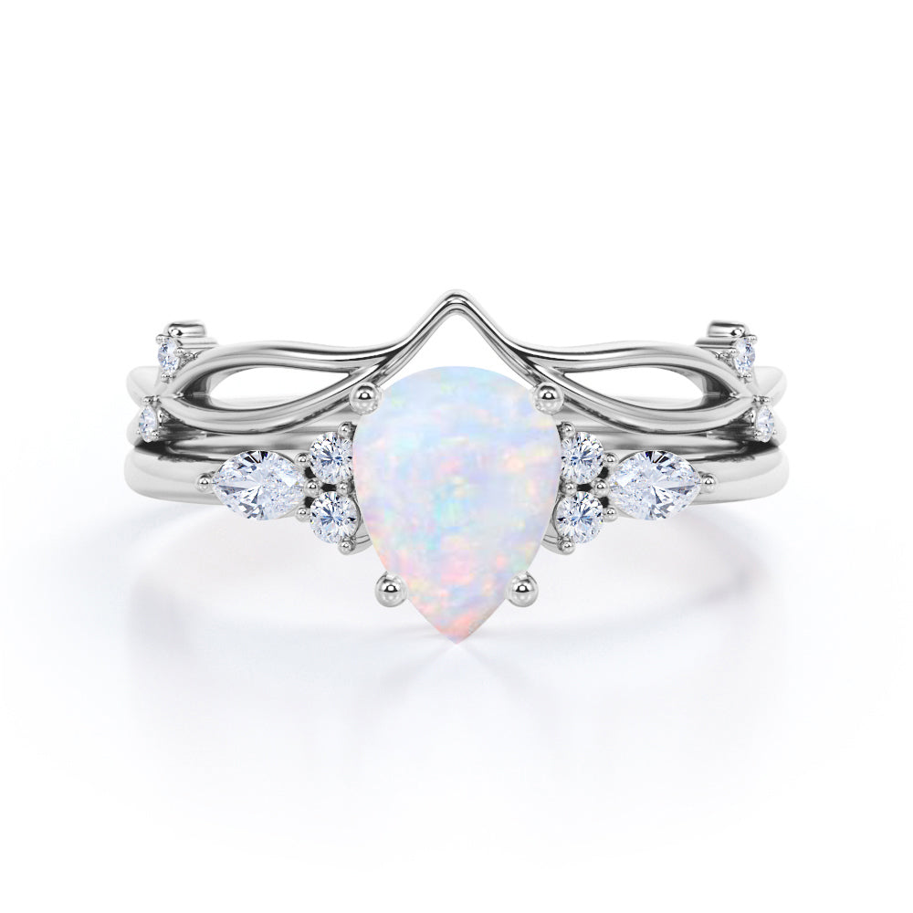 Vintage art deco 1.3 carat Pear shaped Australian Opal and diamond-split shank-contoured wedding ring set for women in White gold