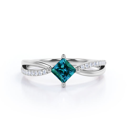 Split Shank 1.2 carat Princess cut lab made Alexandrite and diamond Basket set Engagement ring for women in gold