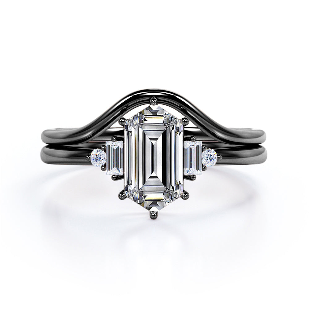 Geometric 1.1 carat Hexagon shaped Moissanite and diamond 6 prong wedding ring set in White gold