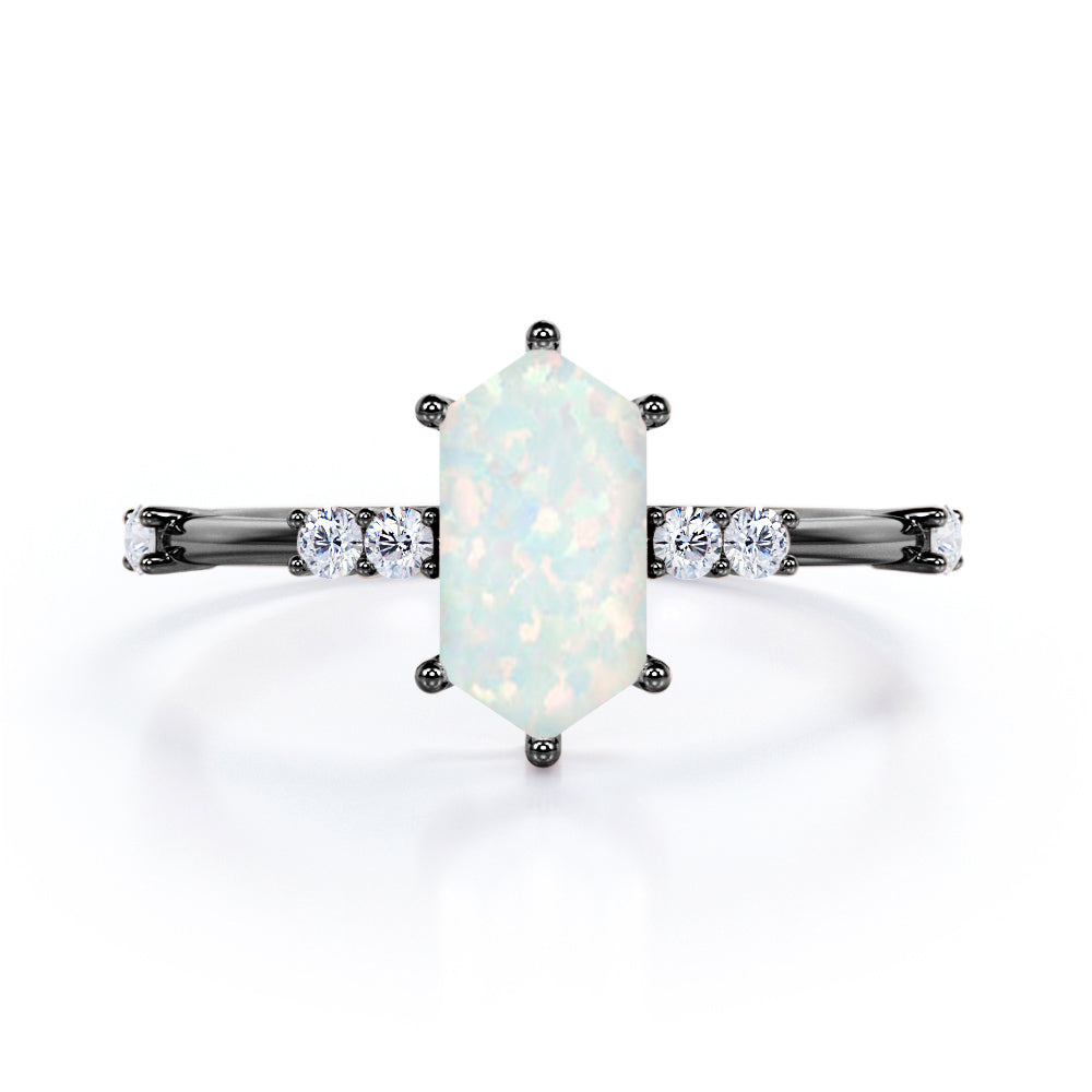 Contemporary art deco 1 carat Hexagon cut Australian Opal and diamond mid-century modern engagement ring in White gold