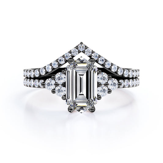 Artistic Contoured 1.5 carat Hexagon shaped Moissanite and diamond 7stone engagement ring in Black gold