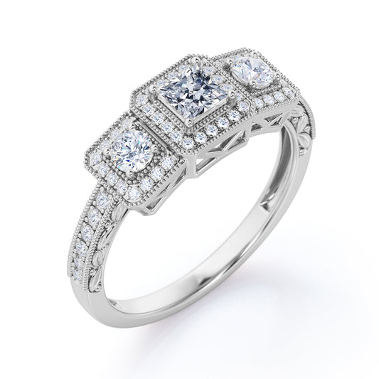 Grandiose three stone 1.55 carat Princess cut Moissanite and diamond vintage art deco Bridal set in White gold