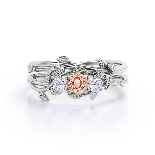 Antique Nature inspired 1.1 carat Round cut Pink Morganite and 2 stone diamond vine wedding ring set in White gold
