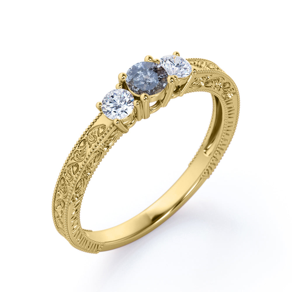 Three stone 0.5 carat Round cut Salt and pepper diamond and White diamond Filigree Milgrain Engagement ring in White gold