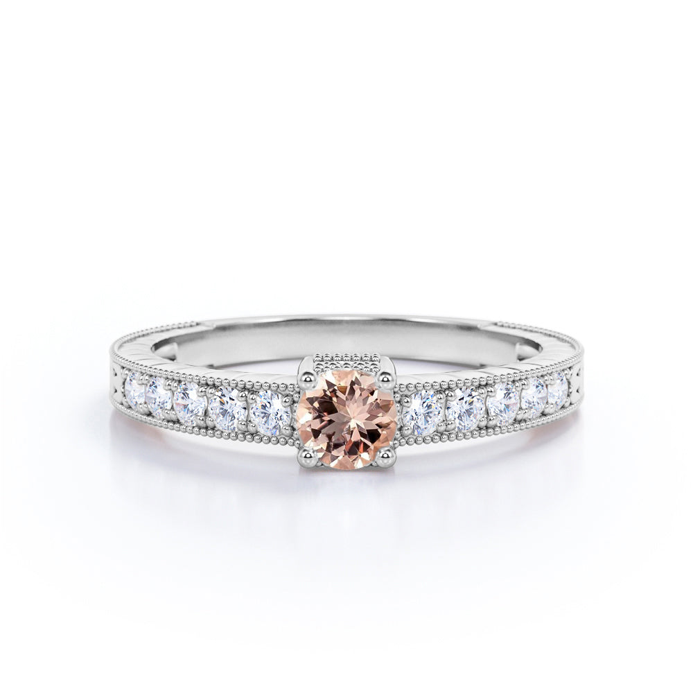 Art deco Milgrain 0.75 carat Round cut Peach Morganite and diamond basket set engagement ring in Rose gold-Anniversary rings