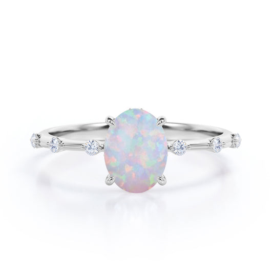 Minimalistic 1 carat Oval cut Australian Opal and diamond dainty twig engagement ring in White gold