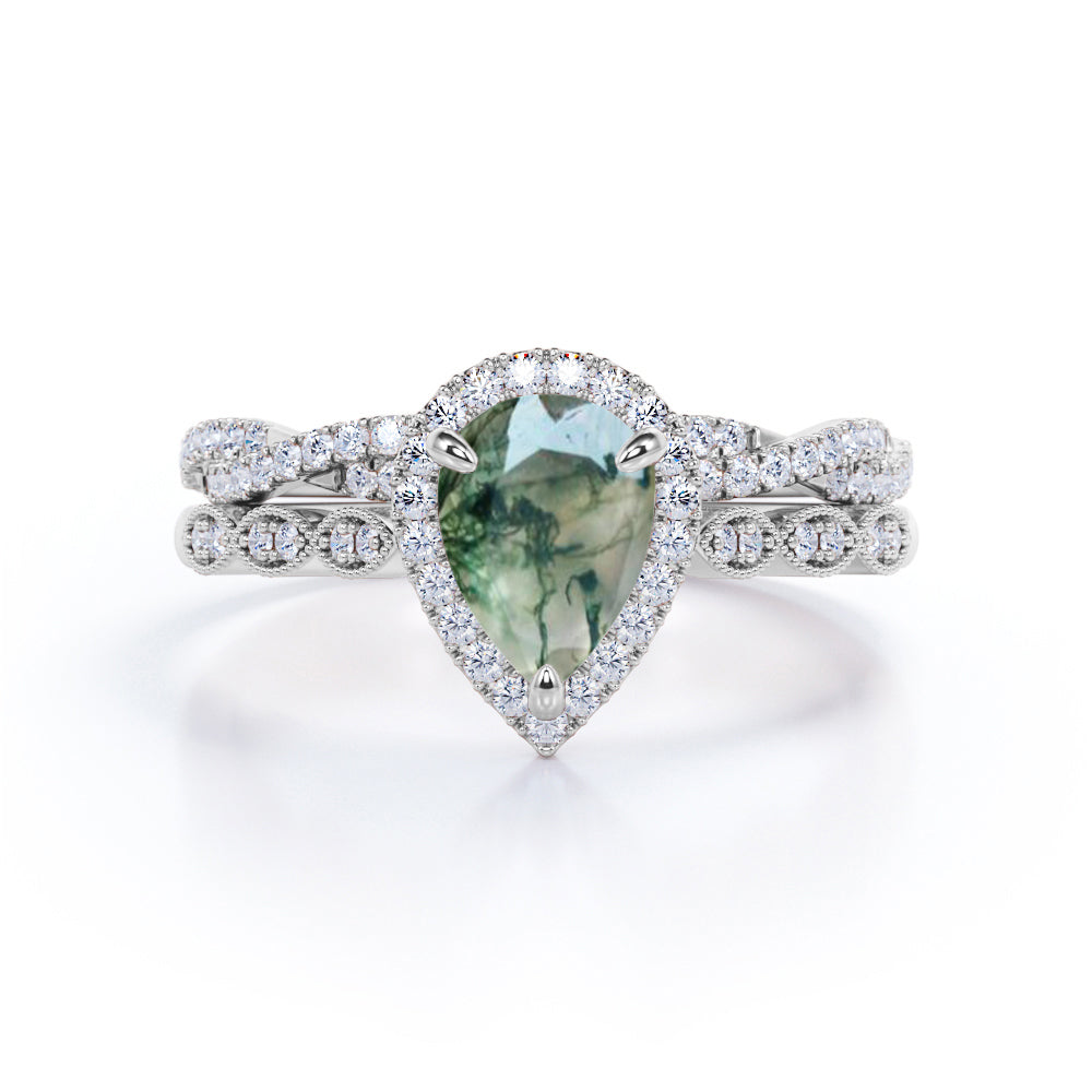 Eccentric Milgrain round 1.75 carat Pear cut Moss Green Agate and diamond Infinity Vintage Bridal ring set in White gold