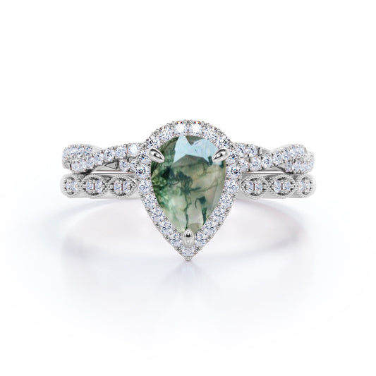 Eccentric Milgrain round 1.75 carat Pear cut Moss Green Agate and diamond Infinity Vintage Bridal ring set in White gold