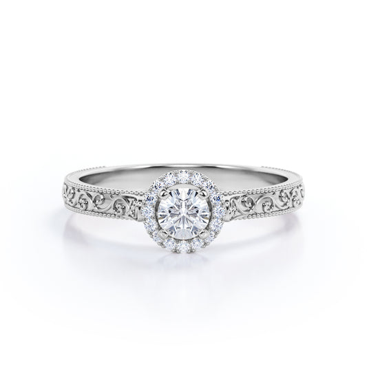 Victorian Filigree inspired 0.4 carat Round cut diamond simple halo engagement ring in gold
