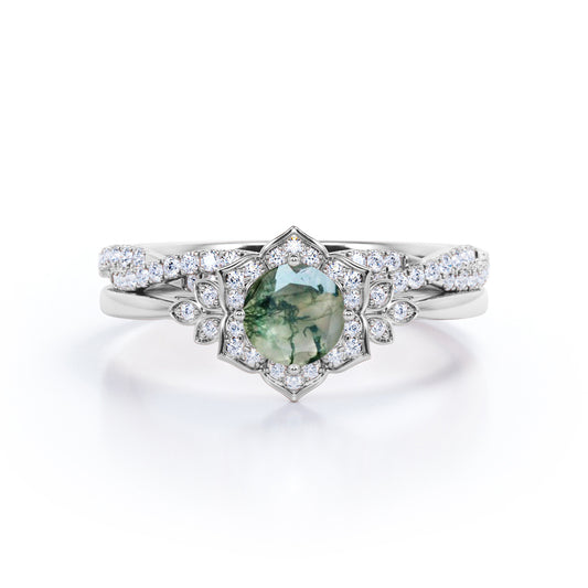 Flower Halo 1.50 carat Round cut Moss Agate and diamond Plain shank with half-infinity Wedding ring set for her