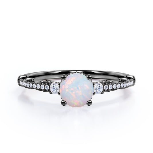 Artistic 3 stone 1.30 carat Round cut Ethiopian Opal and diamond antique art deco engagement ring in Black gold