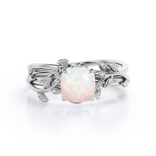 Unique 1 carat Cushion cut Fire Opal Nature-themed Bridal ring set in White gold