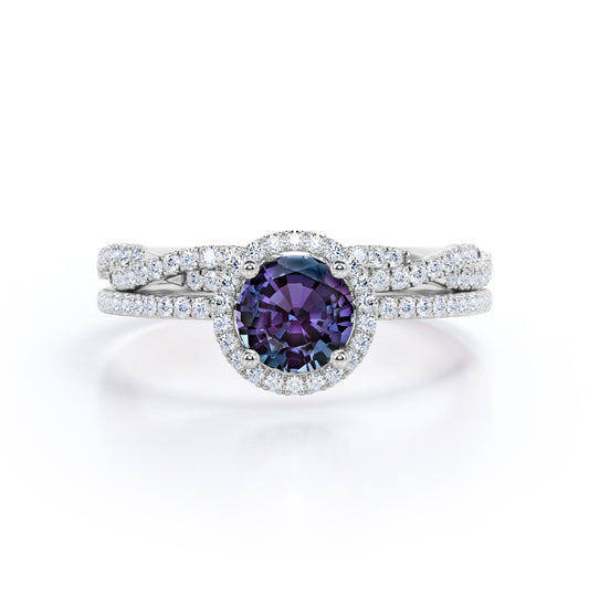 Vintage halo 1.75 carat Round cut lab made Alexandrite and diamond half-infinity wedding ring set in White gold