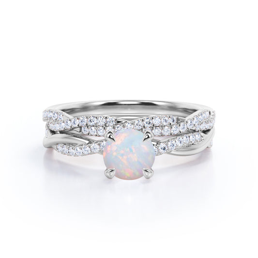 Infinity twist 1.45 carat Round cut natural Ethiopian Opal and diamond Art deco Wedding Bridal ring set in White gold