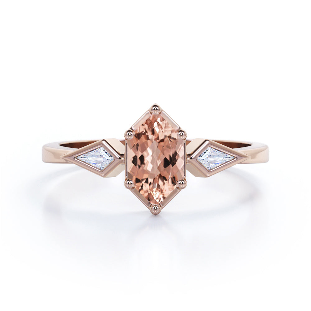 Intricate three stone 1.1 carat Hexagon shaped Morganite and kite diamond engagement ring in White gold