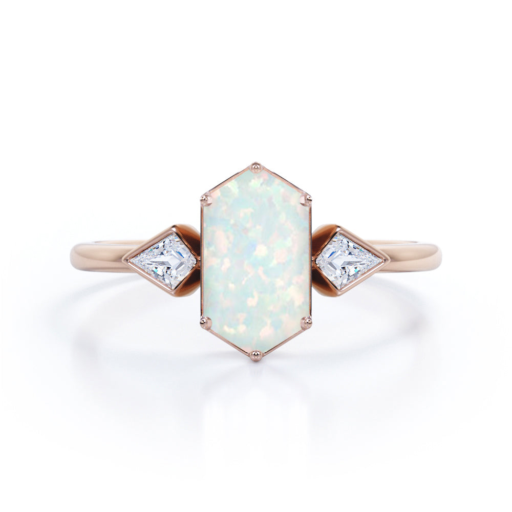 Elongated 1.10 carat Hexagonal Opal and marquise diamond bezel set engagement ring in Black gold