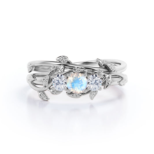 Nature inspired Round cut 0.65 carat Moonstone and diamond Trio stone Bridal ring set for women in  gold