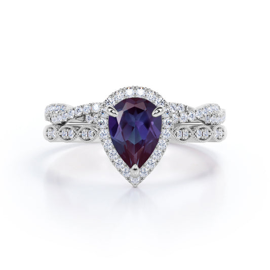 Art Nouveau 1.65 carat Pear cut lab created Alexandrite and diamond Milgrain Edge and infinity wedding ring set for women