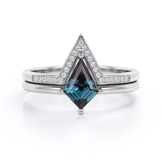 Solitaire Prong 1.25 carat Kite shaped Lab created Alexandrite and diamond contoured wedding ring set in White gold