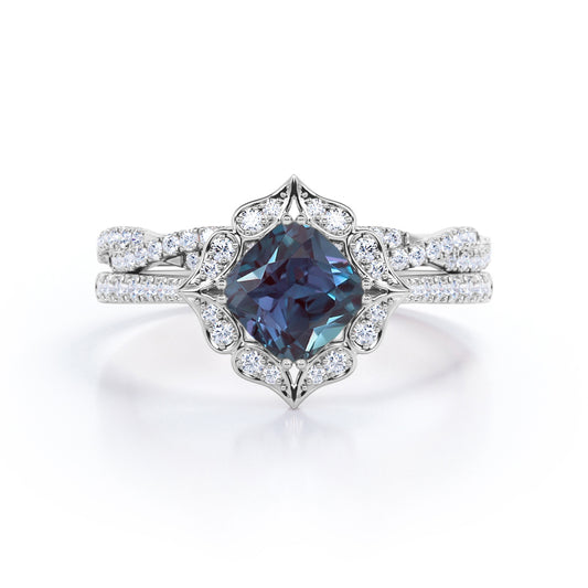 Art deco inspired 1.75 carat Cushion cut Lab created Alexandrite and diamond Large cluster wedding ring set for women
