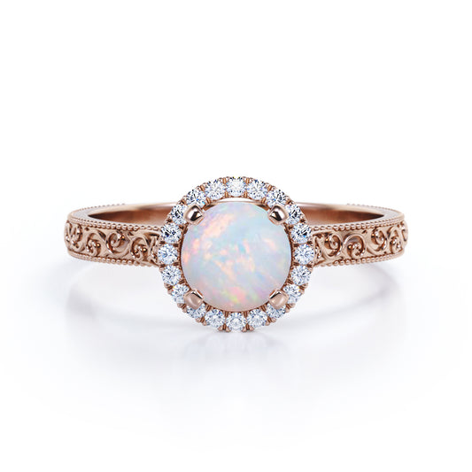 Authentic 1.20 carat Round cut Fire Opal and diamond filigree halo engagement ring in Rose gold