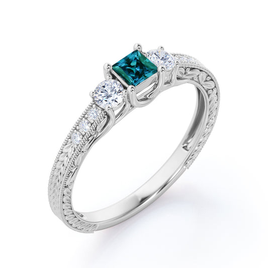 Filigree leaf Princess cut 1.1 carat synthetic Alexandrite and diamond U prong engagement ring for women in White gold- Anniversary ring