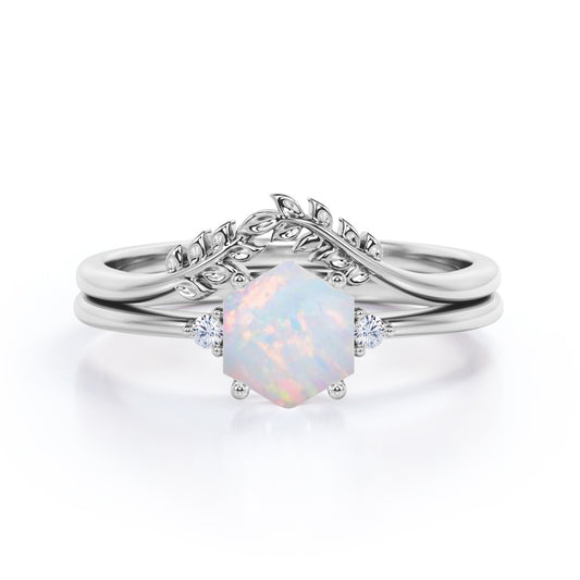 Earthy three stone 1.10 carat Hexagon shape Opal and diamond leaf style Bridal set for women in White gold