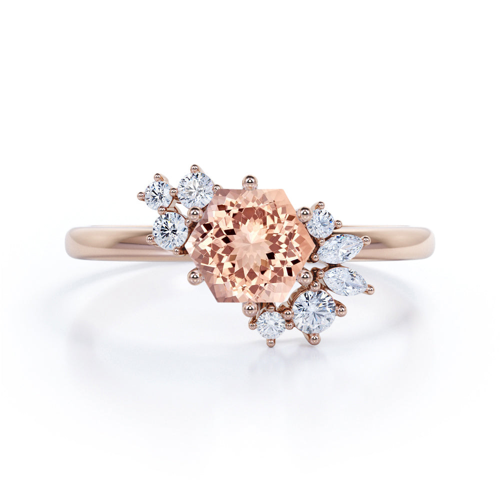 Art deco Inspired 0.65 carat Hexagon shaped Morganite and diamond flower engagement ring in White gold