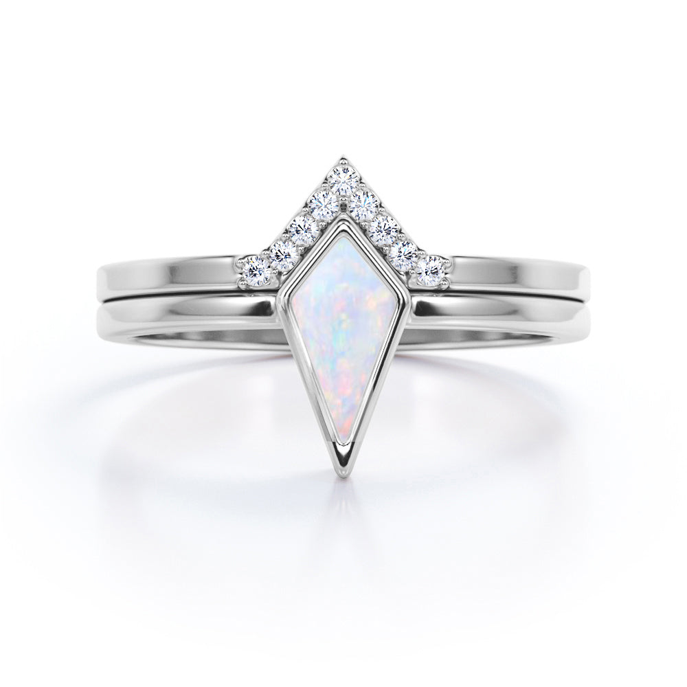 Bezel Crown 1.10 carat Kite Cut Opal and pave diamonds vintage tapered shank engagement ring in Rose gold