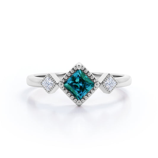 Perfect Bezel set 1 carat Princess cut Milgrain halo Synthetic Alexandrite and diamond 3 stone Engagement ring in White gold