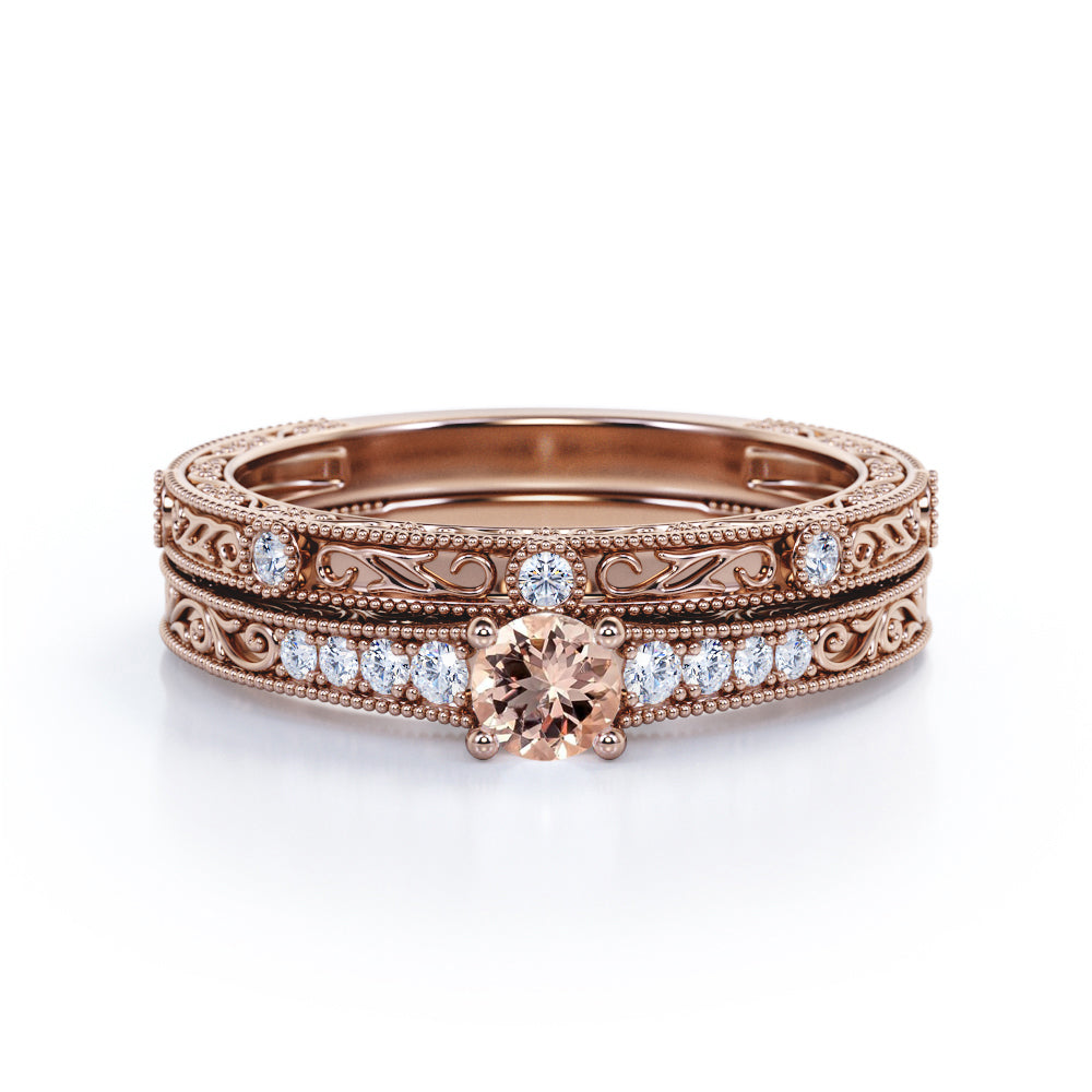 Antique Edwardian Décor 0.65 carat Round cut Peach pink Morganite and Diamond filigree and milgrain wedding ring set in White gold
